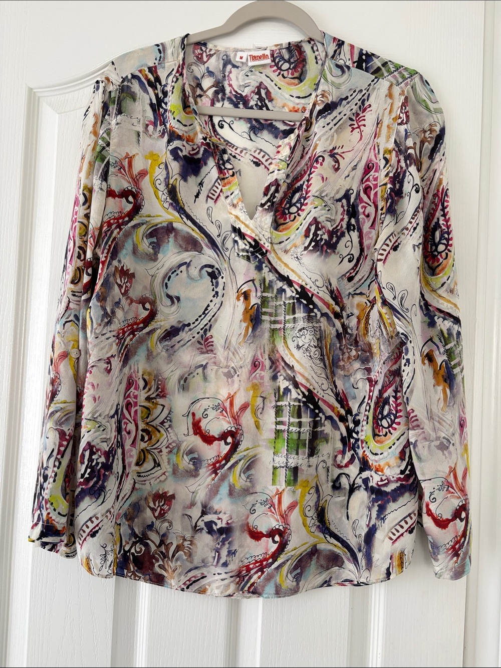 Tianello Washable Silk Multicolor Paisley V-Neck Button Blouse